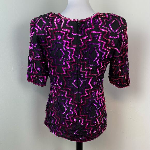 Vintage Silk & Sequin Short Sleeve Party Blouse Medium Cocktail NYE - Picture 3 of 8